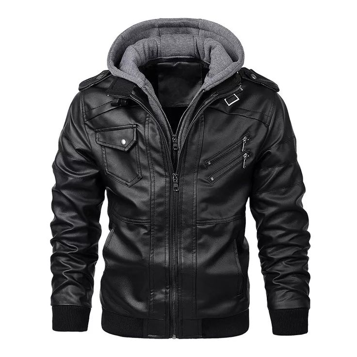 Men’s Brown Hooded Leather Jacket – Vintage Biker Style with Utility Pockets