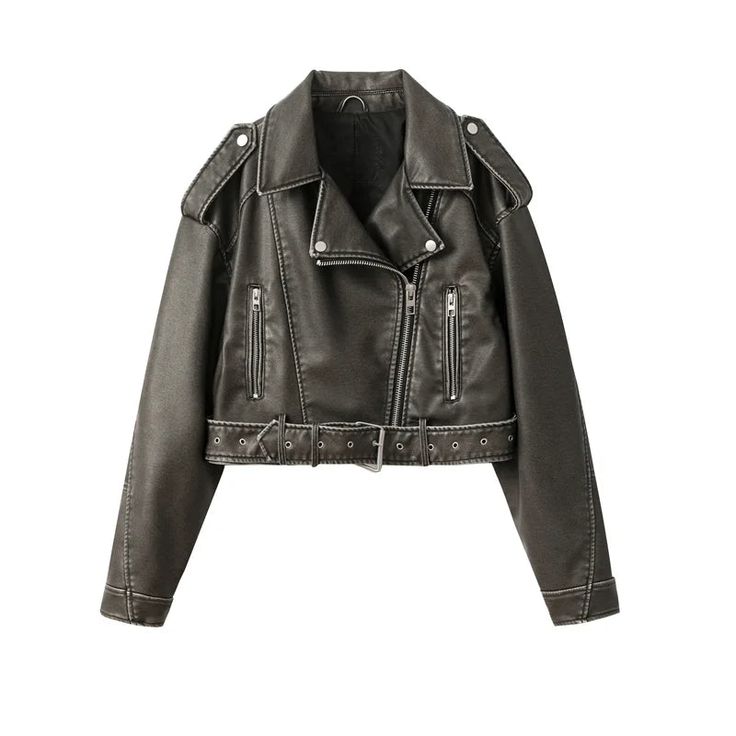 Cropped Black Leather Biker Jacket with Belt