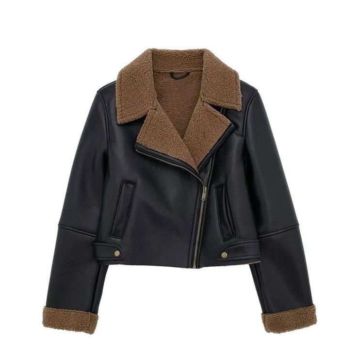 Women’s Black Leather Sherpa-Lined Cropped Jacket