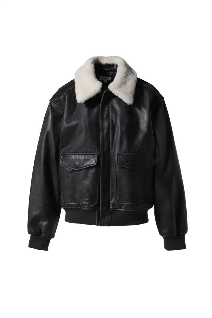 Men’s Black Leather Aviator Jacket with Shearling Collar