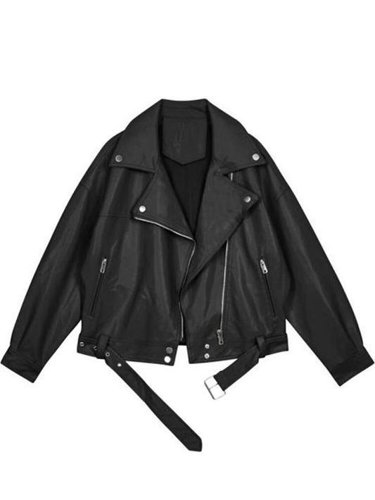 Black Leather Biker Jacket with Asymmetrical Zip
