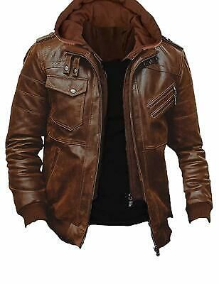 Men’s Brown Hooded Leather Jacket – Vintage Biker Style with Utility Pockets