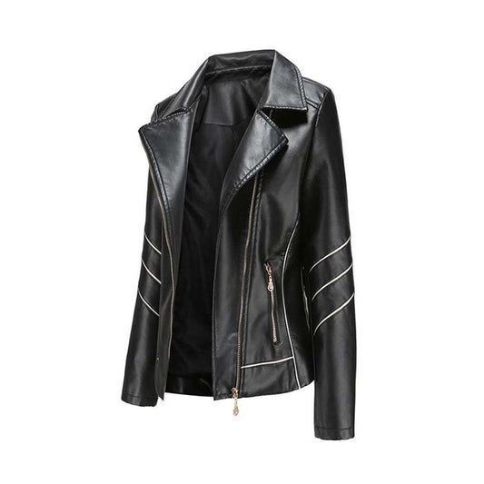 Black Biker Jacket with White Panel Accents