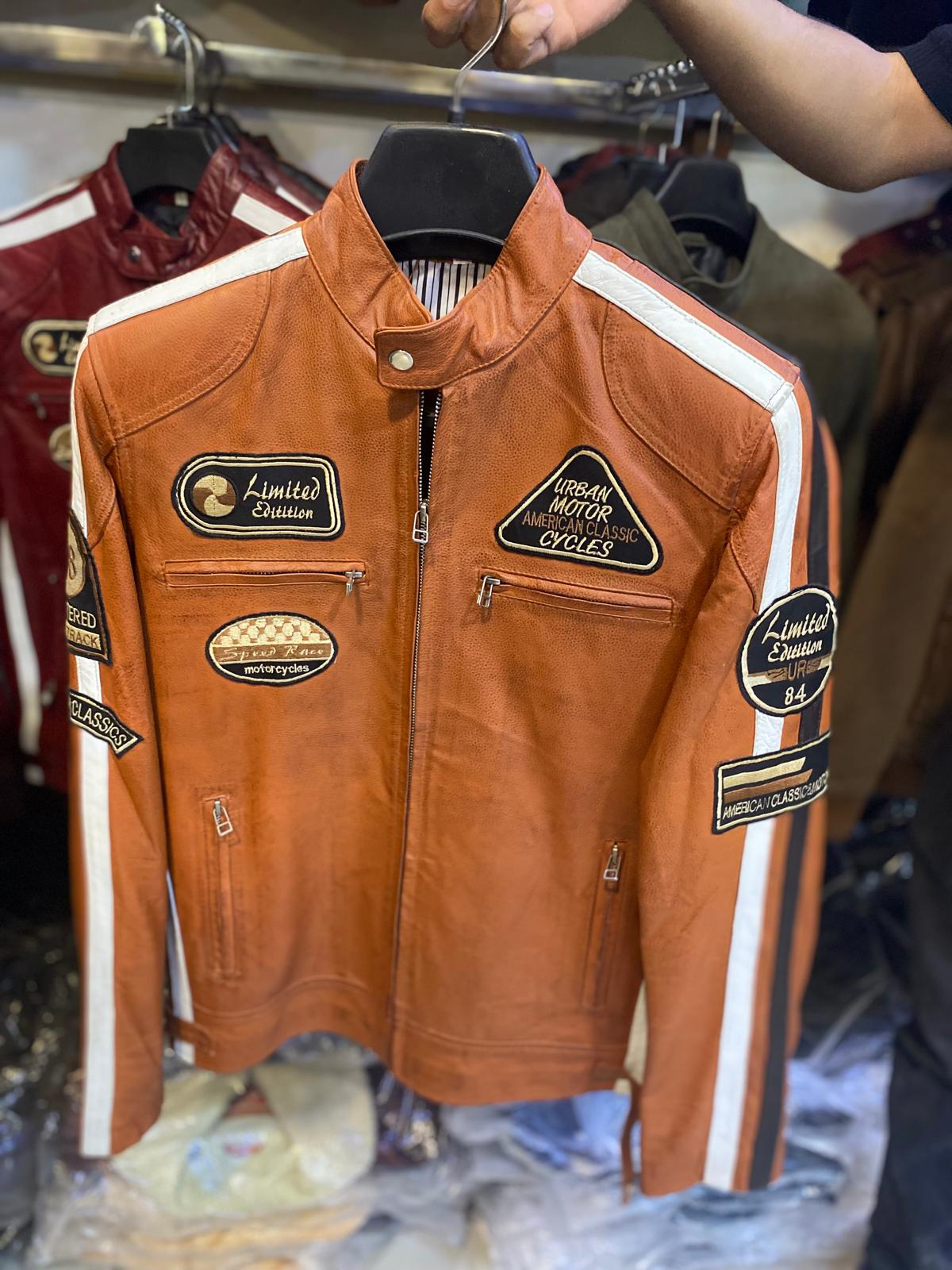 Vintage Orange Moto Jacket with Racing Stripes
