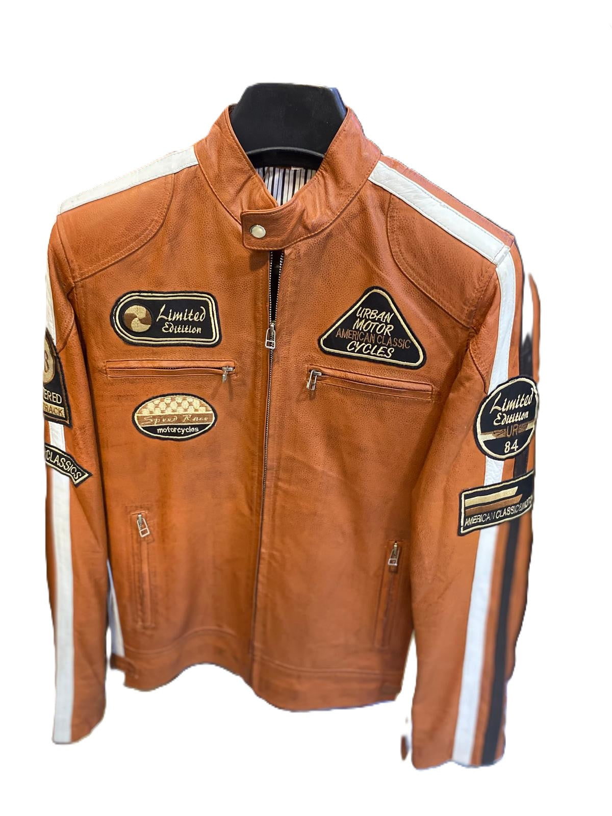 Vintage Orange Moto Jacket with Racing Stripes