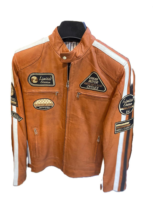 Vintage Orange Moto Jacket with Racing Stripes
