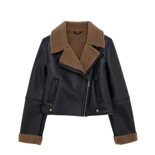 Women’s Black Leather Sherpa-Lined Cropped Jacket